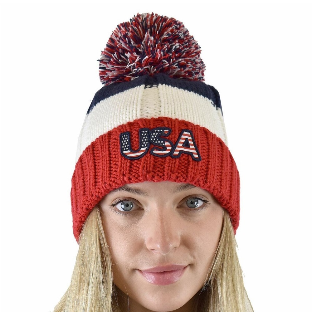 CC USA Flag Beanie with Pom Unisex One Size Chunky Knit Hat Red White Blue